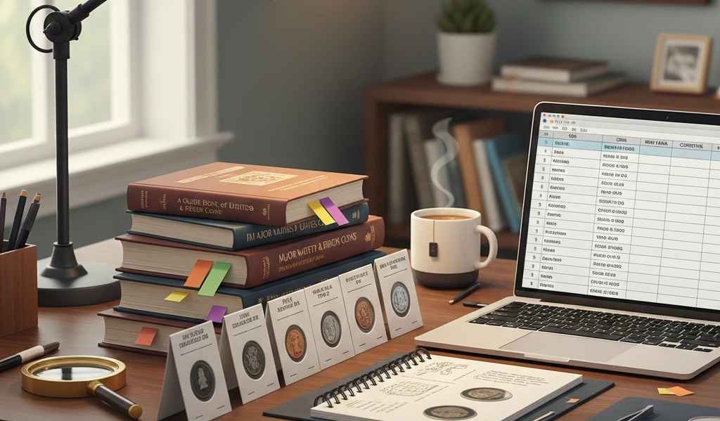Desk scene with organized reference materials