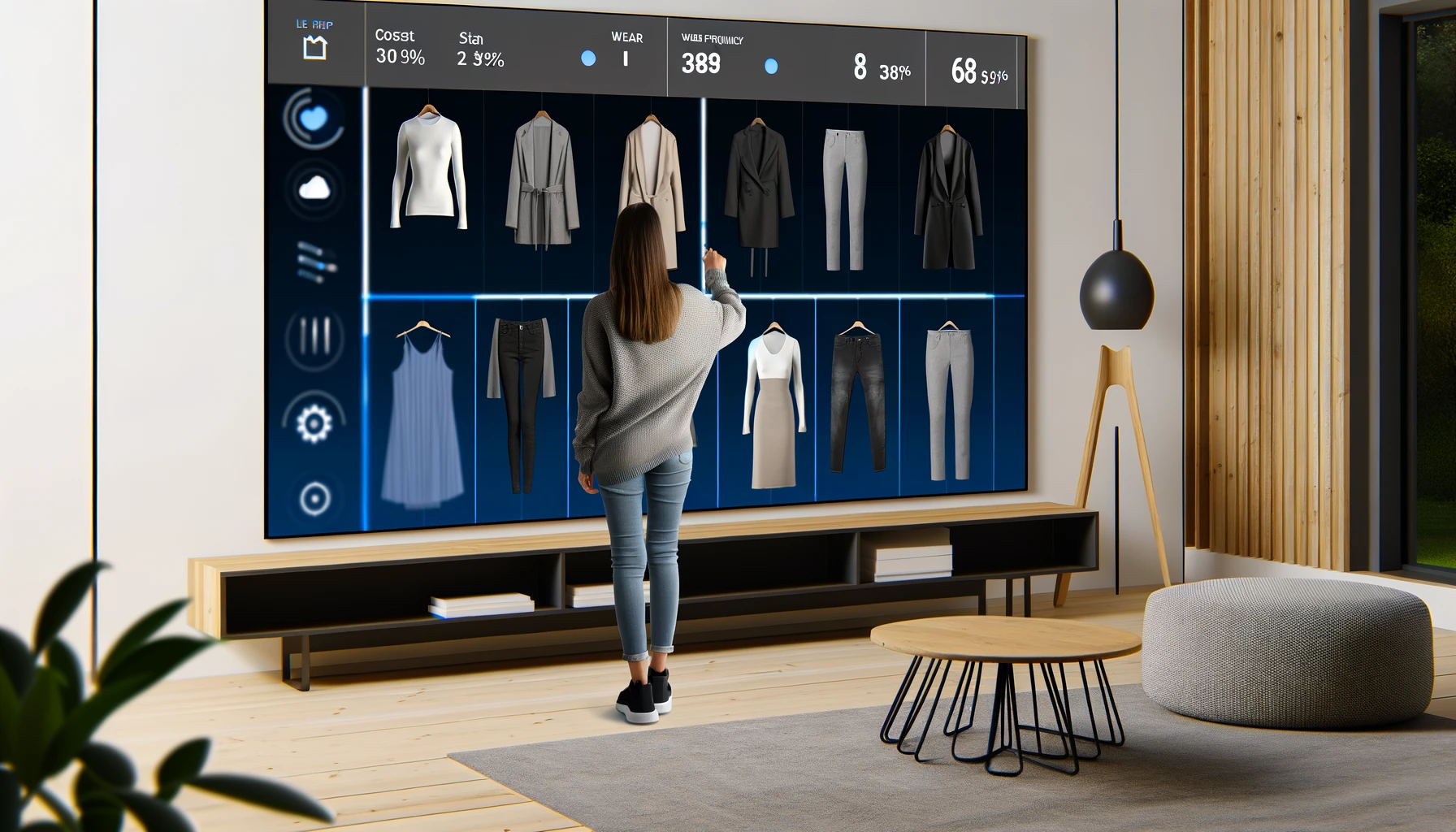 A woman standing in front of a large digital display, planning outfits using a high-tech fashion tracking app.