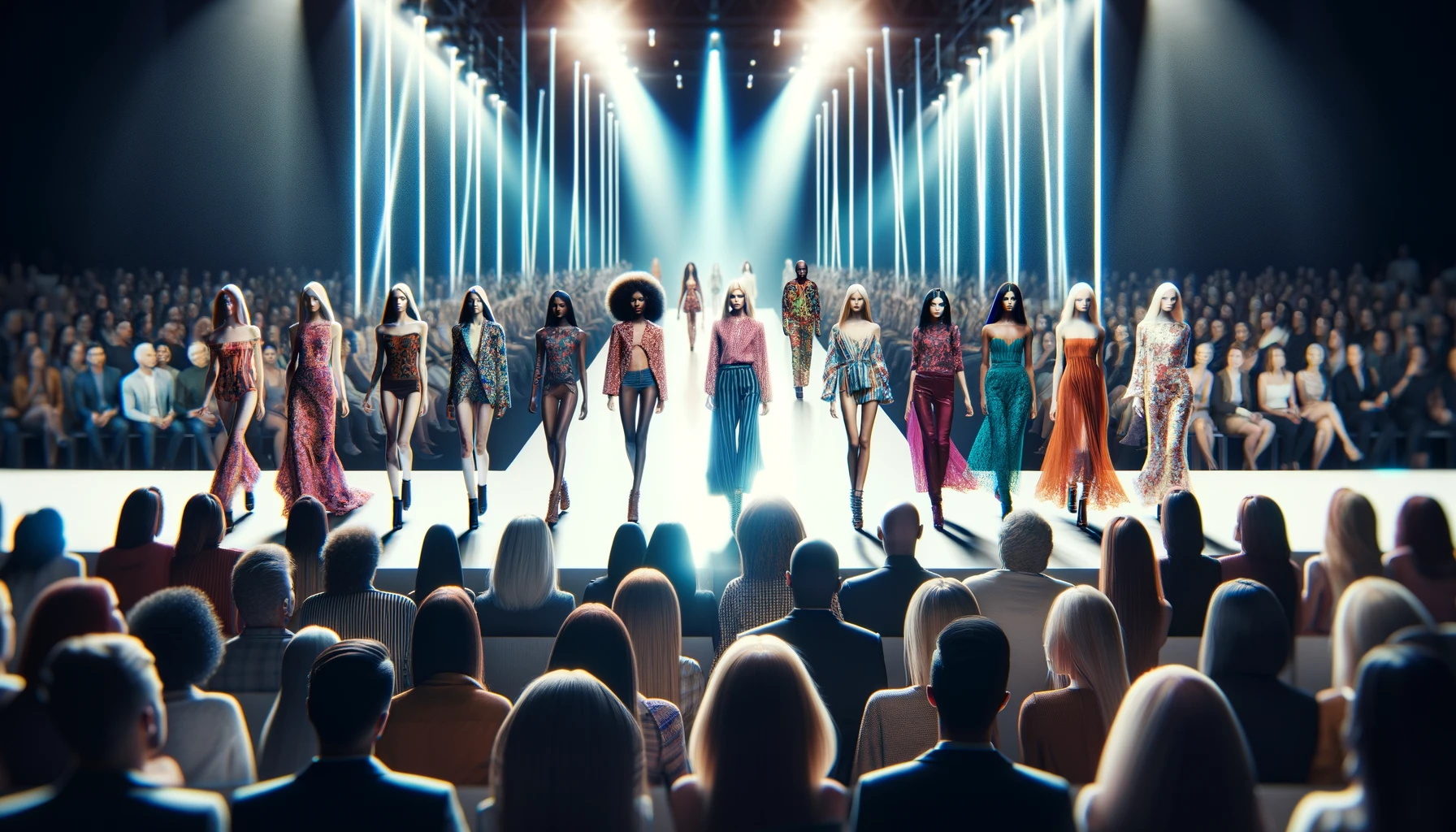 A vibrant and inclusive fashion runway scene showcasing a diverse array of models of different ethnicities, body types, and ages.