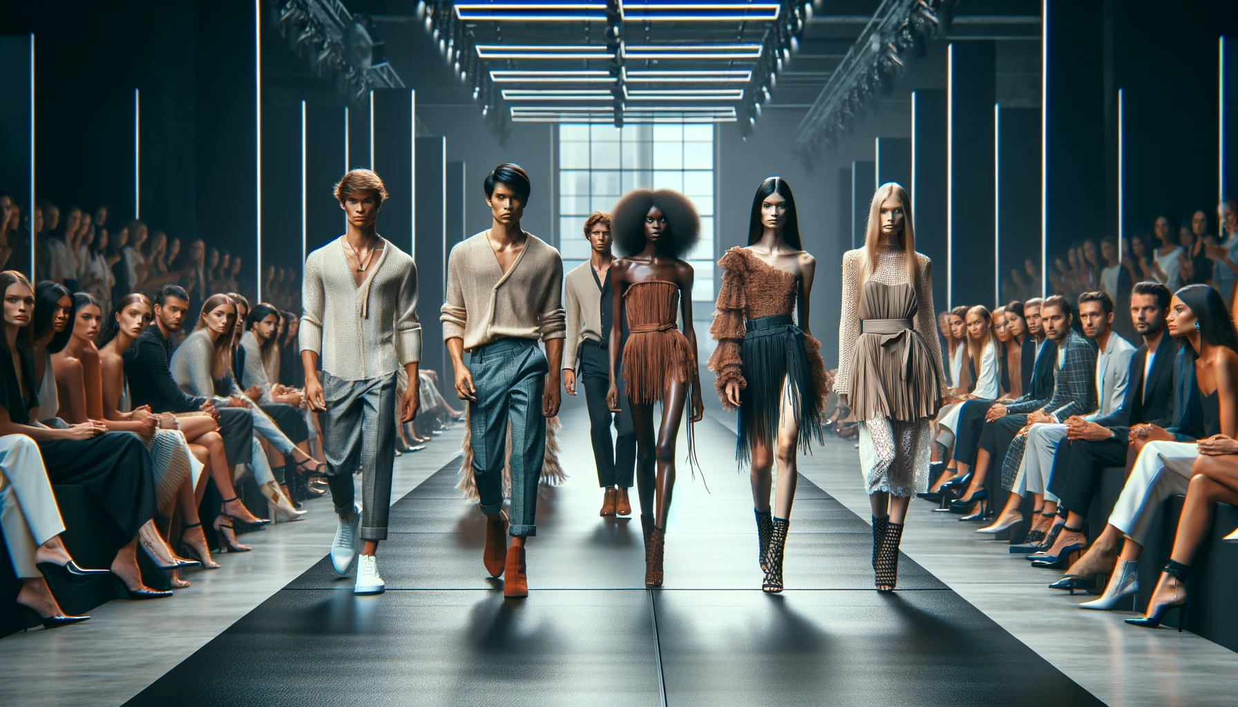 A modern fashion show runway featuring diverse emerging designers showcasing innovative designs.