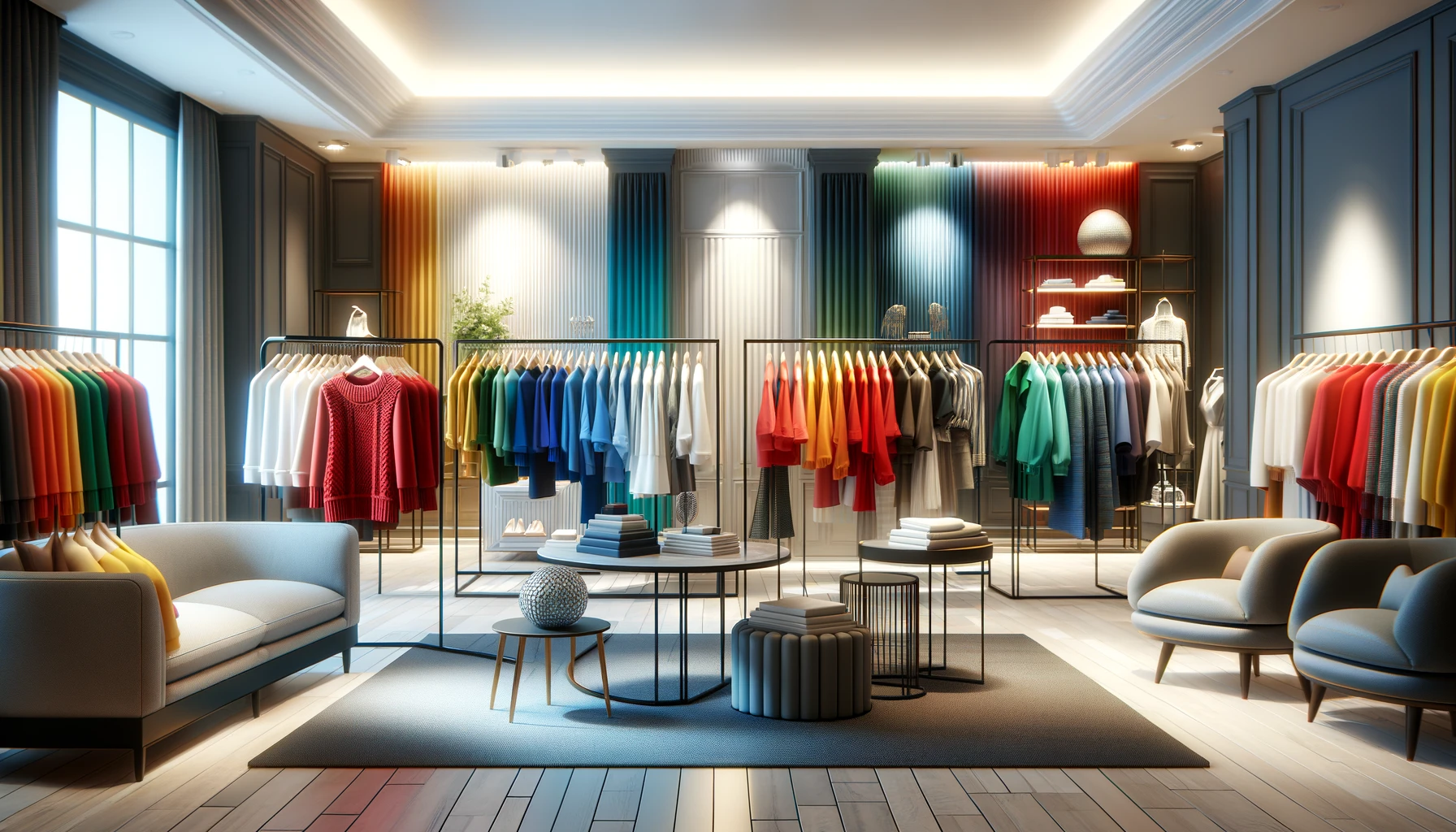 a stylish and modern fashion boutique interior, showcasing a vibrant array of colorful clothing.