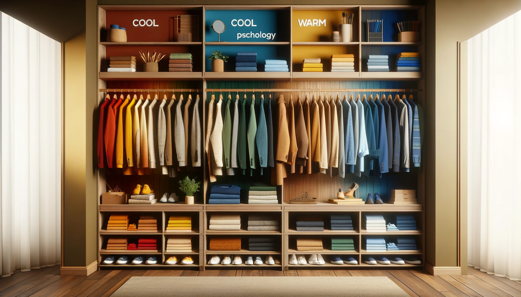 a home closet organized by color, highlighting a thoughtful arrangement of clothing items from cool to warm colors.