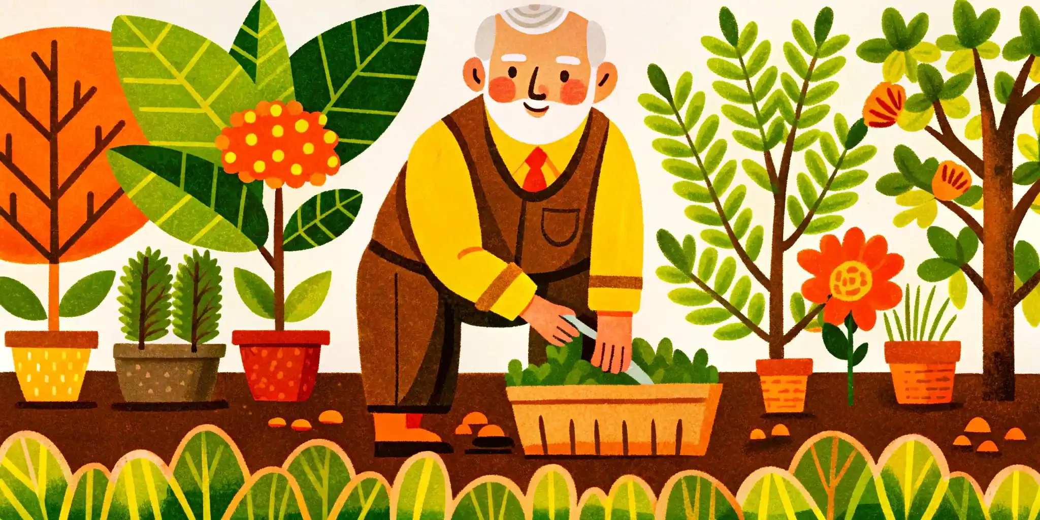 an elderly man plants a plant in the garden