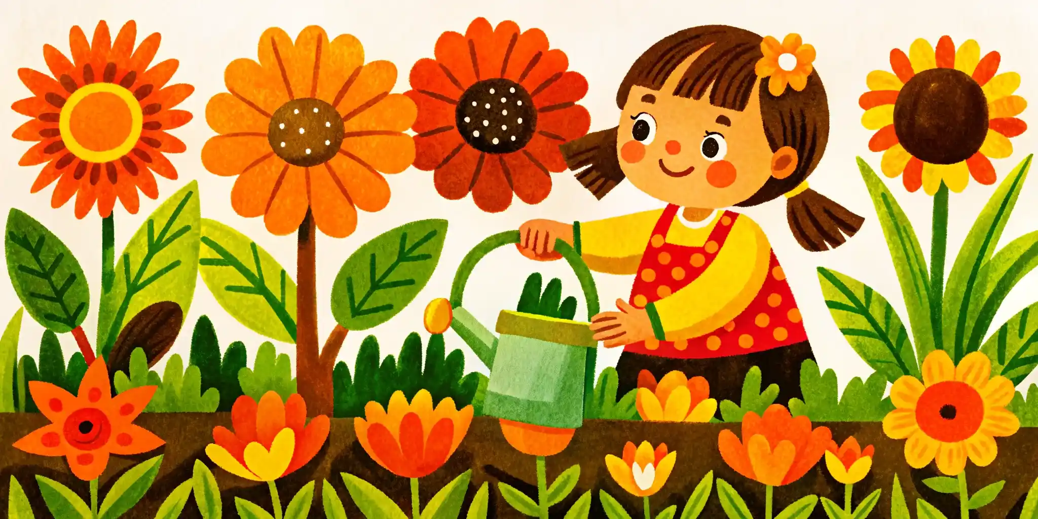 a little girl waters flowers in a flower bed