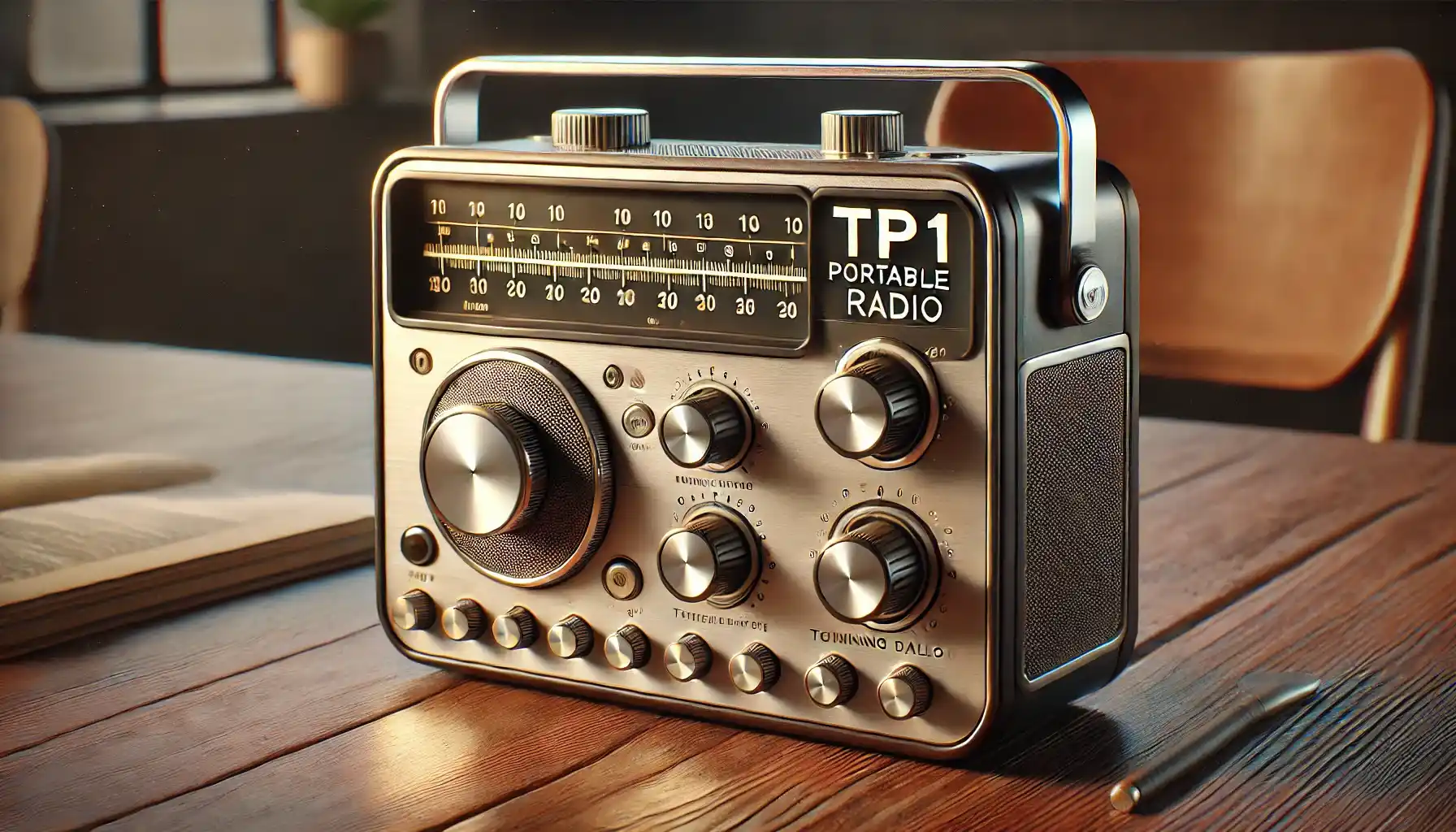 TP1 portable radio on a wooden table with a clean, minimalist background. 