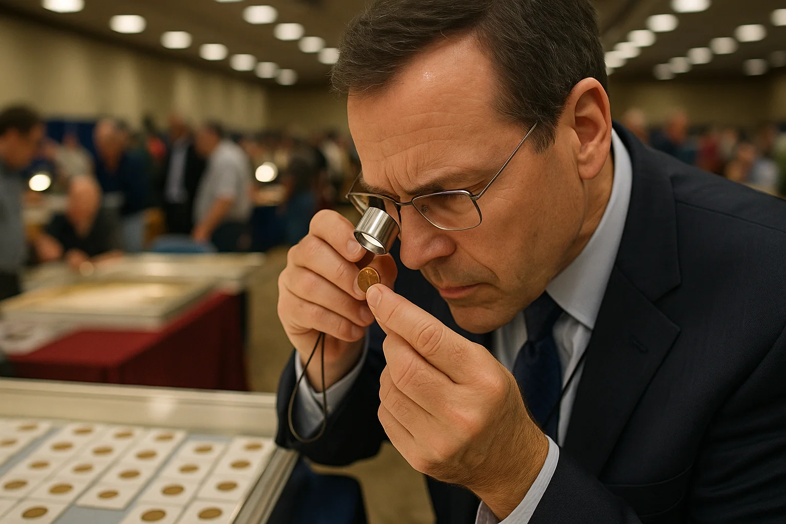 A middle-aged man in a suit examines a Lincoln Wheat Penny through a jeweler’s loupe at a busy coin show.