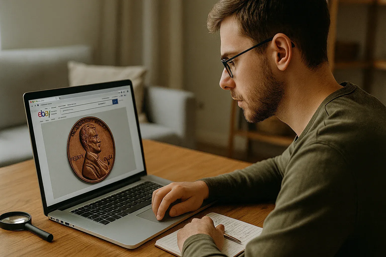 A young collector studies an enlarged image of a Lincoln Wheat Penny on eBay, taking notes at his desk.
