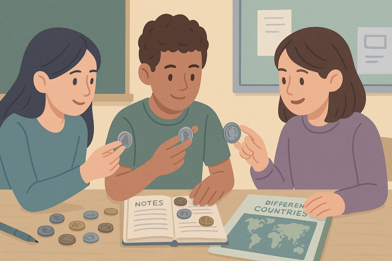 A group of students does research on coins.