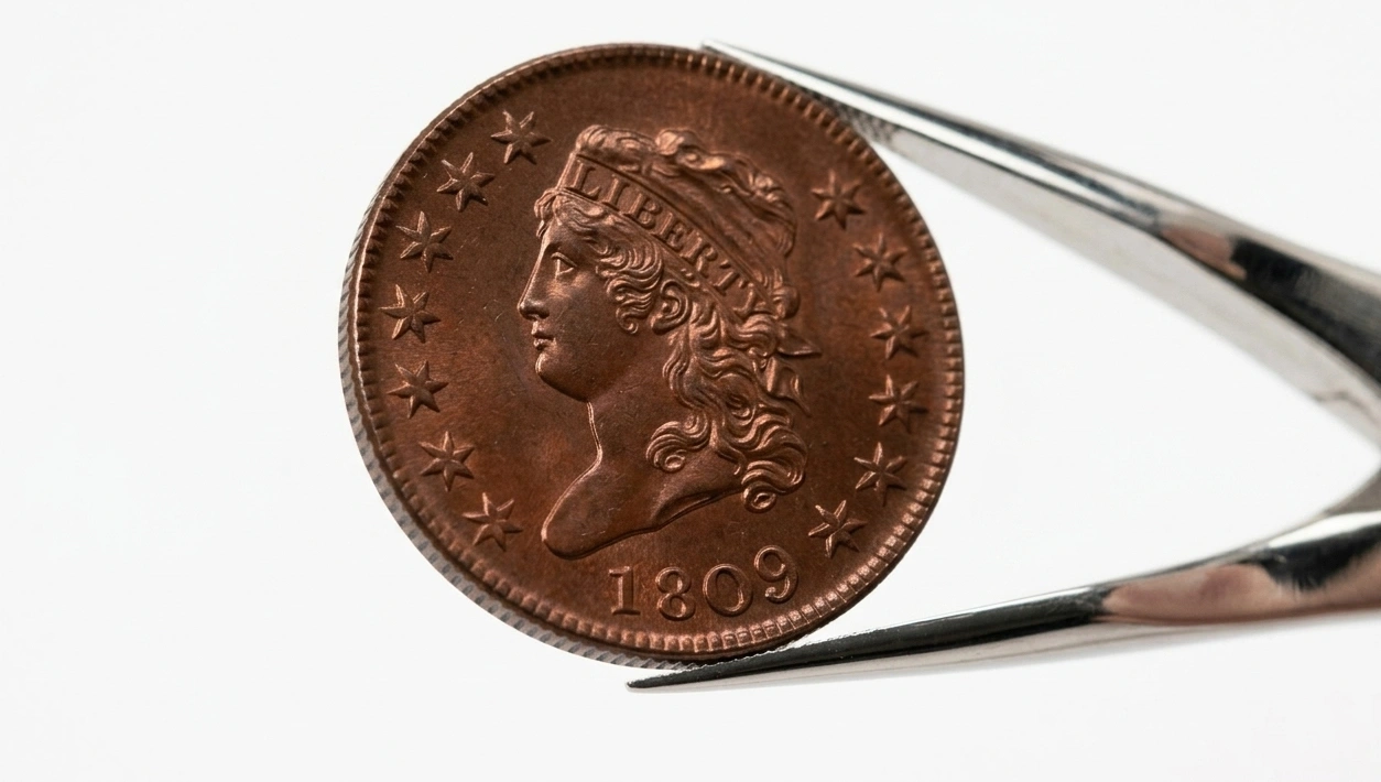 Close-up of a rare coin in pristine condition held with tweezers
