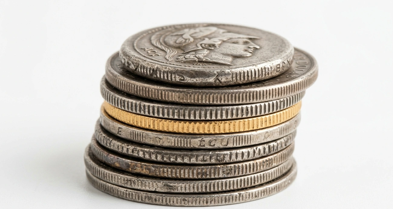 Close-up of stacked rare coins slightly offset to show edges